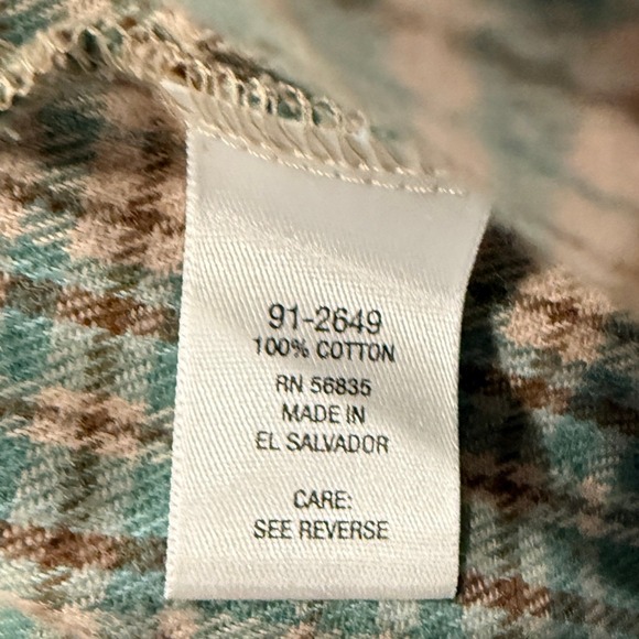 Cabelas Womens L Plaid Soft Flannel Shirt Teal Tan Brown Cotton Shirt (D34) - Picture 8 of 14